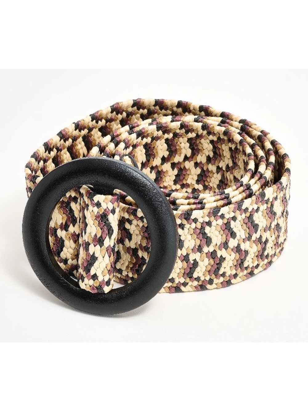 Susan Graver Raffia Belt Size 1X/3X Stretch with Round Wooden Buckle Neutral NEW